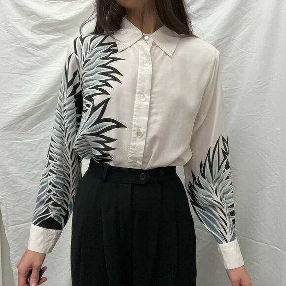 vintage 90s bob mackie white silk floral print collared button shirt blouse top - Picture 4 of 12